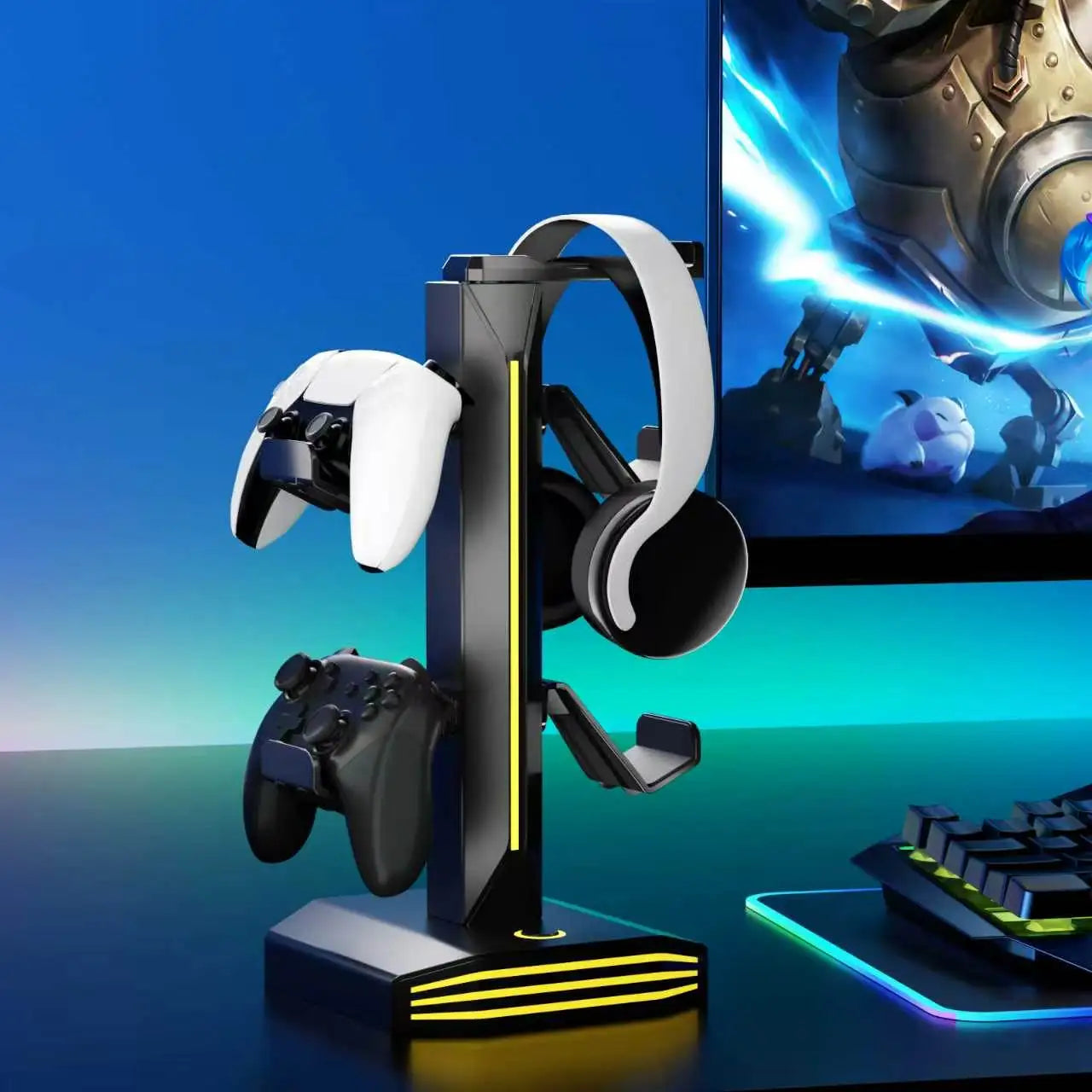 Headphone Stand with USB Charging Hub – RGB Gaming Desk Organizer