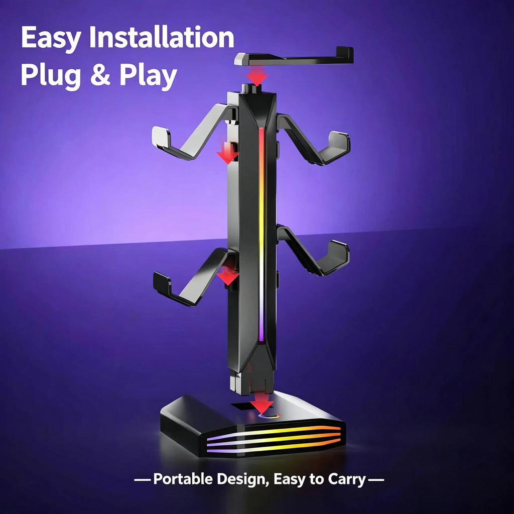 Headphone Stand with USB Charging Hub – RGB Gaming Desk Organizer